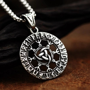 Viking Rune Circle necklace with Odin Celtic Knot pendant in antique silver stainless steel