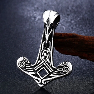 Vintage Viking Mjolnir pendant with crow skull detail and Celtic knot engravings