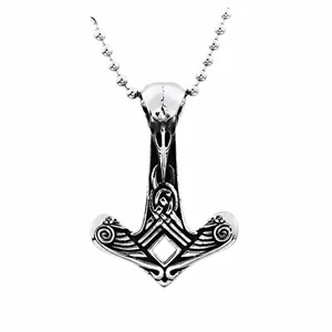 Vintage Nordic Viking Raven Skull and Mjolnir pendant necklace in oxidized steel finish