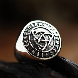 Vintage Celtic knot signet ring for men featuring Nordic runes in oxidized stainless steel