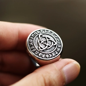Vintage Celtic Triquetra node ring with Norse runes in antique finish steel