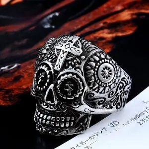 Detailed close-up of retro stainless steel skull ring with intricate cross carvings