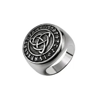 Vintage Viking Signet Ring For Men Stainless Steel Celtic Knot Triquetra Band Ring Nordic Rune Antique Silver Men Jewelry