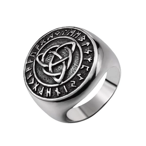 Vintage Viking runes and Celtic knot stainless steel ring for men in silver finish