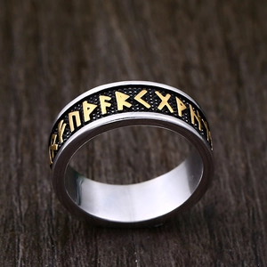 Vintage Viking Rune Ring in stainless steel with black and gold embossed Norse letters