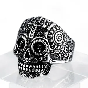 Retro Stainless Steel Skull Cross Ring For Men Gothic Punk Sugar Skull Engraved Floral Pattern Biker Finger Ring Jewelry