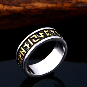 Vintage Viking Rune ring in stainless steel with golden embossed Nordic symbols