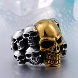 Bague punk gothique pour homme en acier inoxydable avec crâne doré et petits crânes