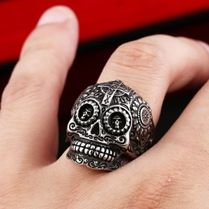 Vintage stainless steel skull ring for men with carved cross detail in gothic style