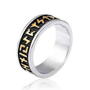 Nordic Viking Rune Ring For Men Vintage Stainless Steel Gold Silver Two Tone Band Ring Punk Biker Jewelry Everyday Gift