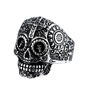 Vintage stainless steel skull ring with engraved cross and floral gothic details