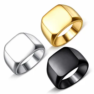 Men Stainless Steel Square Signet Ring Minimalist Brushed Matte Finish Punk Style Gold Black Silver Fashion Jewelry Band Ring