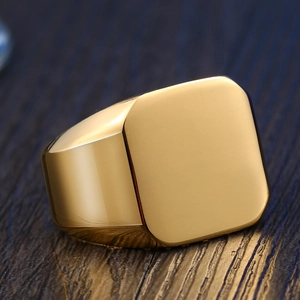 Polished gold square signet ring for men in minimalist stainless steel style