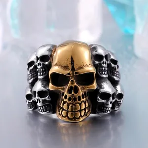 Bague Crâne Gothique Punk Vintage pour Hommes en Acier Inoxydable Or Noir Rétro Bijoux Biker Anneau Large Cadeau