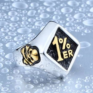Macro view of stainless steel biker ring with 1% ER text and skull relief details