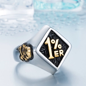 Men's retro 1% ER signet ring in silver and gold steel with skull carvings