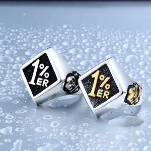 Retro punk style men's stainless steel 1% ER signet ring with skulls and floral engraving
