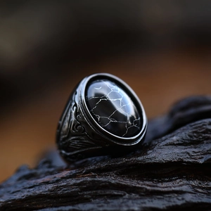 Vintage stainless steel ring for men with black marble stone and baroque carved patterns