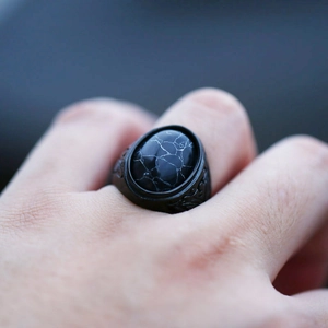 Vintage men's black turquoise ring in stainless steel with intricate floral engraving