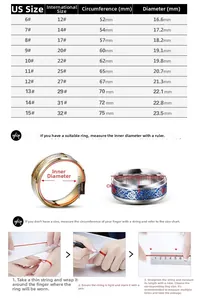 Size guide for men's vintage stainless steel ring showing inner diameter and circumference