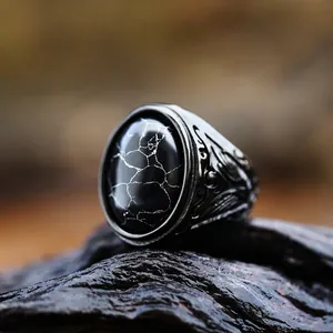 Vintage Stainless Steel Ring For Men With Oval Black Faux Turquoise Stone Retro Engraved Gothic Punk Biker Jewelry Finger Ring
