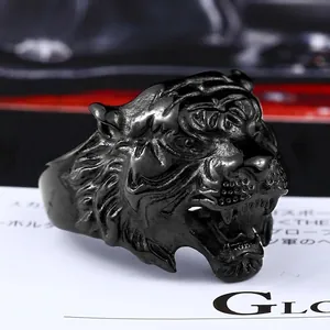Vintage Stainless Steel Tiger Head Ring For Men Retro Punk 3D Relief Animal Biker Finger Ring Gold Black Jewelry Accessory