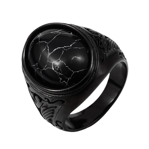 Vintage stainless steel ring for men with black turquoise stone and embossed patterns