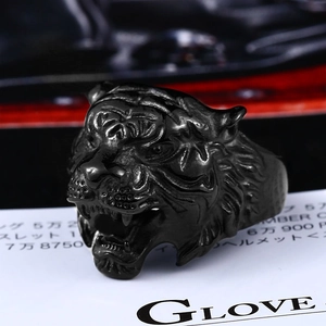 Close-up of black stainless steel ring featuring a detailed roaring tiger head