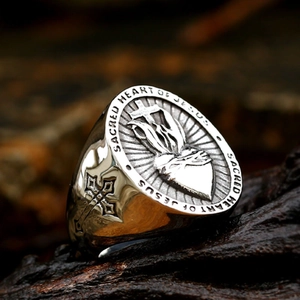Vintage stainless steel Sacred Heart of Jesus signet ring for men with cross detail