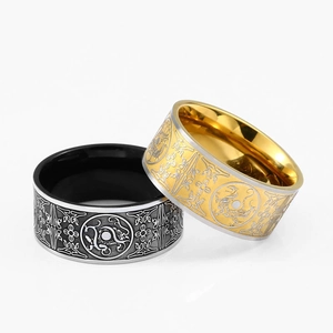 Ethnic titanium steel ring with Four Mythical Beasts engravings in silver and gold finish