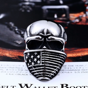 Vintage stainless steel skull ring with star pattern and antique silver finish