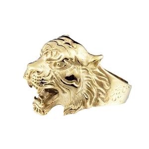 Polished gold stainless steel tiger head ring with detailed 3D sculpture for men