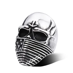 Vintage Stainless Steel Skeleton Skull Ring With American Flag Pattern Mask Punk Biker Rock Gothic Fashion Men Jewelry
