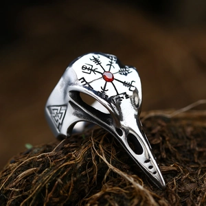Viking raven skull ring in stainless steel with Vegvisir compass and red gemstone