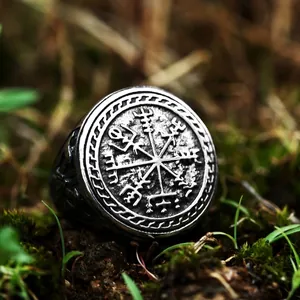 Vintage Viking Vegvisir Compass Stainless Steel Ring Nordic Mythology Double Axe Valknut Signet Ring Punk Jewelry For Men
