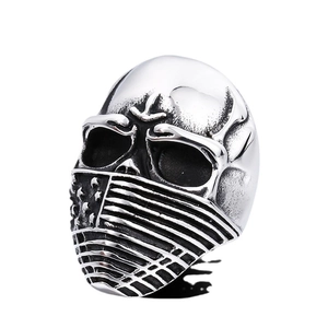 Retro stainless steel skull ring with US flag mask detail for men in punk style