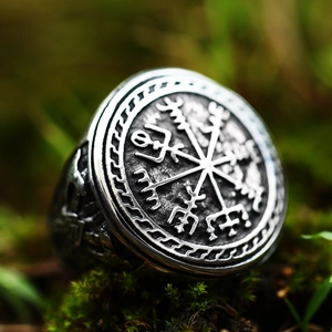 Vintage steel Viking Vegvisir compass ring featuring a detailed knotwork shield design