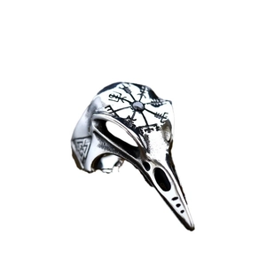 Vintage Viking crow skull ring with Vegvisir compass in aged stainless steel