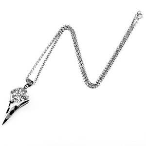 Vintage stainless steel crow skull pendant with Viking compass engraving and chain