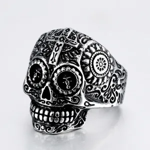 Bague tête de mort vintage en acier inoxydable pour homme avec croix et fleurs