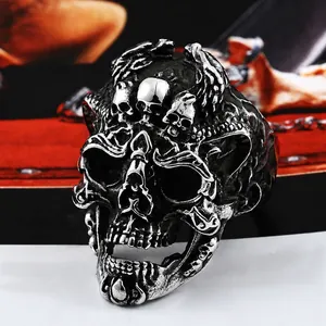 Vintage Roestvrij Staal Schedel Ring Heren Gothic Punk Heavy Metal Skelet Vingerring Retro Biker Sieraden Cadeau Staalkleur