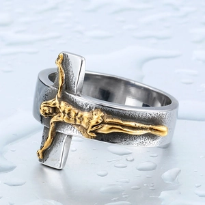 Vintage stainless steel cross ring for men with golden 3D Jesus relief on silver band