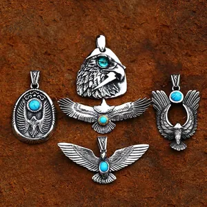 Vintage Edelstahl Adler Anhänger Halskette Herren Indianer Türkis Eingelegt Relief Schmuck Oxidiert Biker Geschenk
