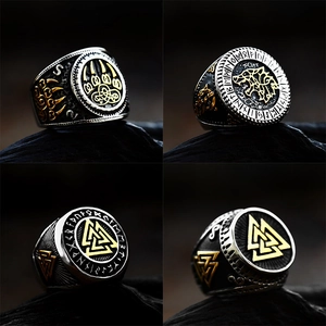 Nordic Viking Retro Stainless Steel Signet Ring For Men Two-Tone Valknut Wolf Head Bear Claw Rune Alphabet Punk Jewelry