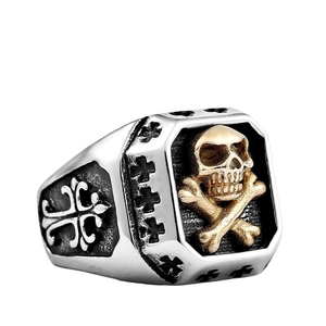 Bague crâne vintage en acier inoxydable avec os croisés dorés et motifs de croix noire