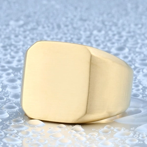 Men's gold square signet ring in brushed stainless steel finish with a vintage style