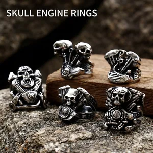 Bague de Motard en Acier Inoxydable Crâne Moteur pour Hommes Punk Gothique Mécanique Industrielle Bijoux de Moto Anneau de Doigt