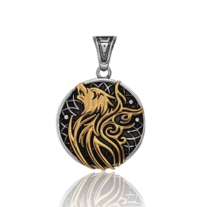 Vintage Viking wolf head pendant in gold and silver steel with geometric patterns
