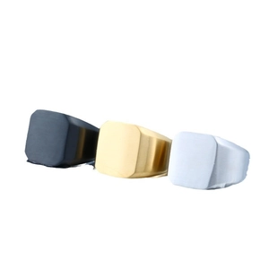 Simple titanium steel square signet rings for men in black, gold, and silver finishes