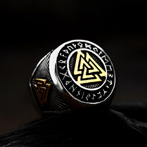 Vintage Viking Valknut ring in stainless steel with golden runes and rustic finish